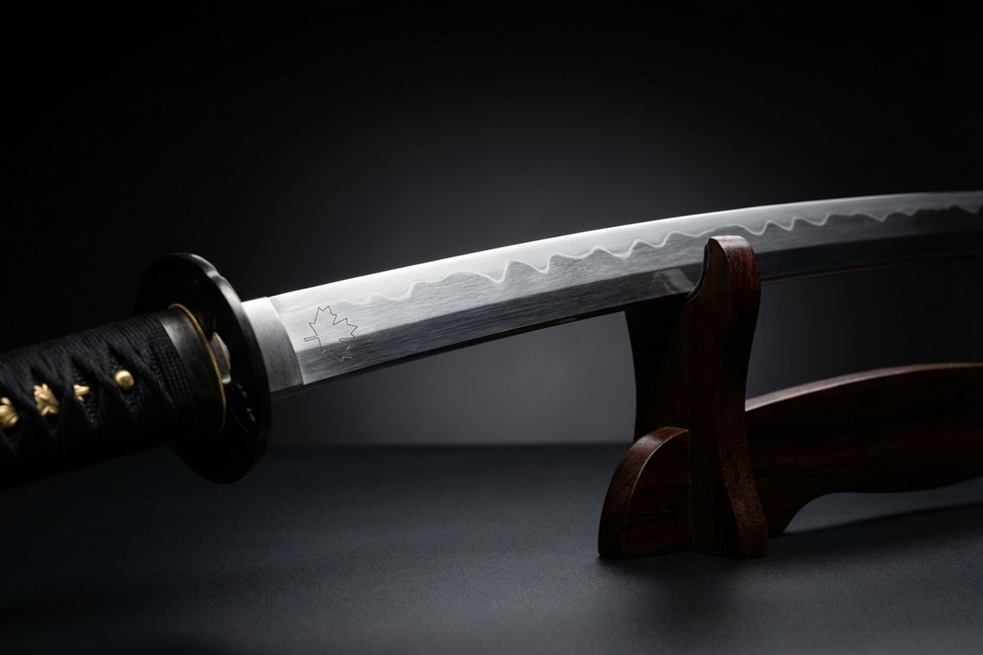 Verschiedene Kohlenstoffstahl-Katanas mit sichtbaren Hamon-Linien zum Vergleich der Stahltypen 1060, 1095, T10 und Damast