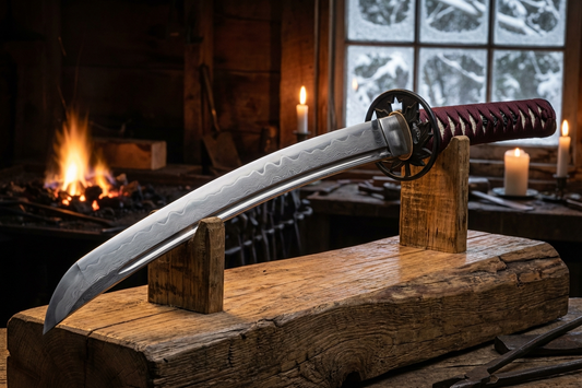 Handgeschmiedetes Katana mit sichtbarem Hamon und differenzieller Härtung auf traditionellem Amboss