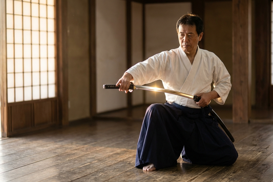 Iaito für Iaido-Training mit klassischer Koshirae und Bo-Hi-Nut, auf Dojo-Matte