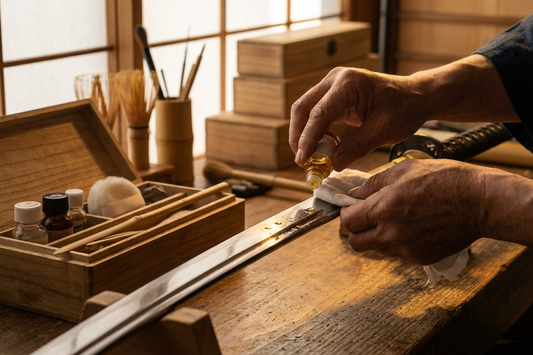 Katana-Pflegeset mit Choji-Öl, Uchiko-Ball, Nuguigami-Papier und Reinigungstuch auf traditionellem Ständer