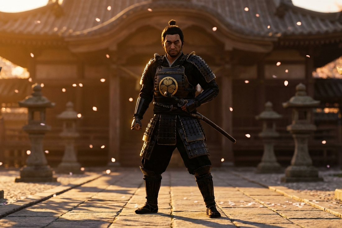 Samurai Krieger in traditioneller Rüstung mit gezogenem Katana, historische Darstellung der Kriegerkaste