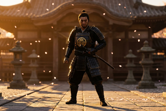 Samurai Krieger in traditioneller Rüstung mit gezogenem Katana, historische Darstellung der Kriegerkaste