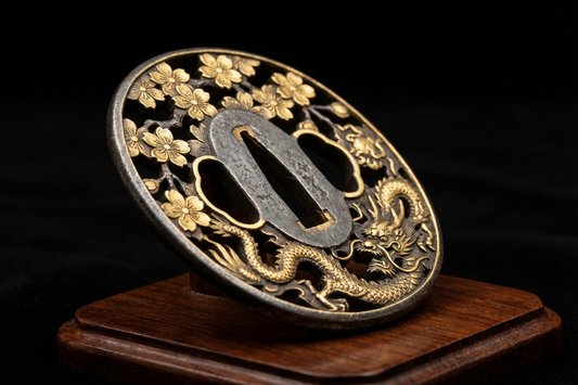 Kunstvoll verzierte Tsuba aus Eisen mit Drachenmotiv und Goldeinlagen auf einem Katana-Griff