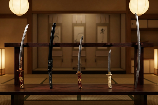 Verschiedene Katana Arten im Überblick: Tachi, Katana, Wakizashi, Tanto und Nodachi auf traditionellem Schwertständer