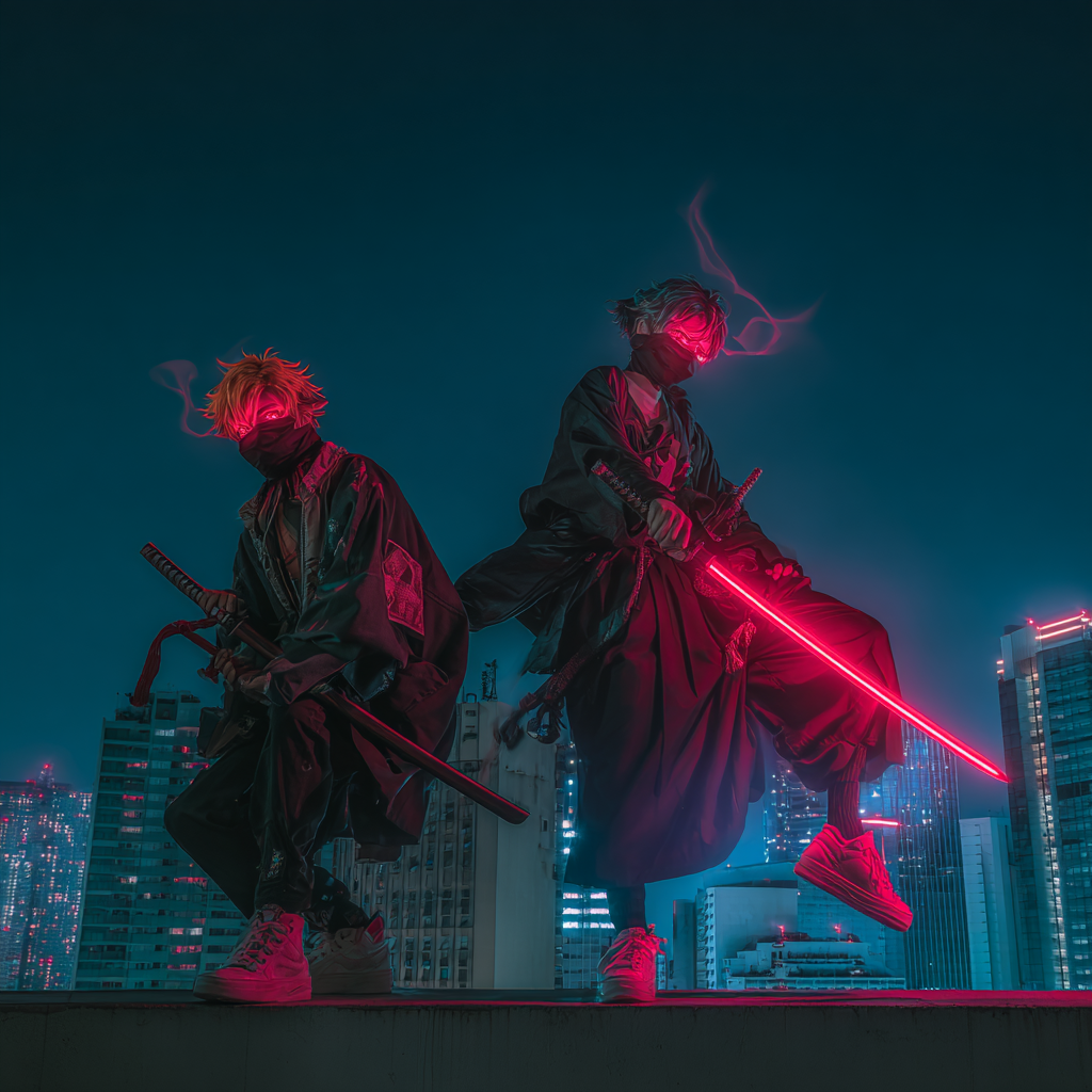 Anime-Krieger inspiriert von Bleach posieren auf Dächern in einer nächtlichen Stadt, mit leuchtenden Schwertern und Energieeffekten, die Ichigos spirituelle Kraft heraufbeschwören
