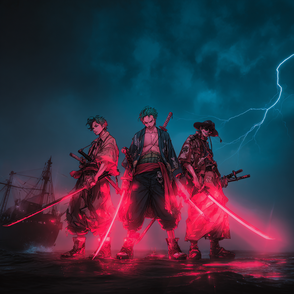 Anime-Piraten inspiriert von One Piece stehen auf einem Schiffsdeck mit Schwertern, stürmischer Himmel und Ozean im Hintergrund, mit einer Zoro-ähnlichen Figur