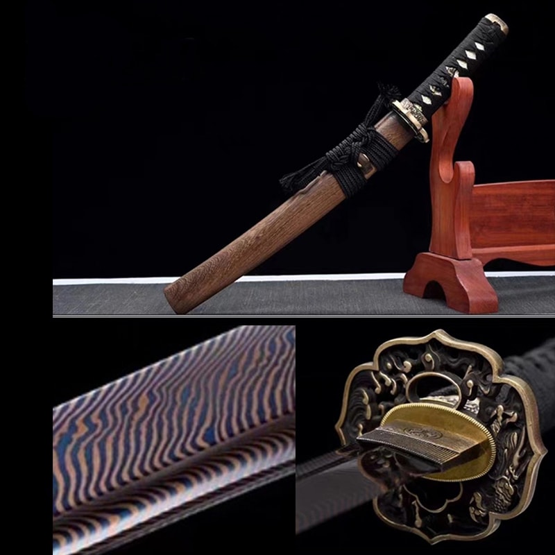 Tanto Kamogawa – japanisches Tanto-Messer mit blauer Klinge aus Damaststahl und Saya